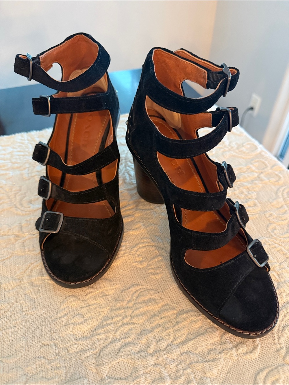 Coach Black Suede Strappy Multi-Buckle Block Heel Sandals size 7B